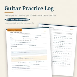 Puede incluir: Un registro de práctica de guitarra que incluye un diario de 30 días, un rastreador de puntos difíciles y secciones para acordes con cejilla y riffs. El documento contiene una página de ejemplo completada con campos para notas.