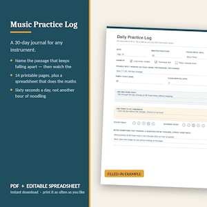 Könnte beinhalten: Ein druckbares Musik-Übungsprotokoll-Dokument mit einer täglichen Übungsprotokoll-Vorlage, die Felder für Datum, geübte Minuten, Fokusstück, Aufwärmen, Problemstellen, Tempo, Wiederholungen, Erfolge und Notizen enthält.