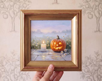 Autumn Garden Jack O Lantern Still Life Hand Painted Oil Painting Soft Impression Canvas Wall Decor Gift for Halloween Fan Custom Art