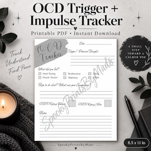 May include: A printable OCD Trigger and Impulse Tracker PDF document measuring 8.5 by 11 inches. The white page features black text, checkboxes for physical symptoms, lines for recording triggers, compulsions, and notes, plus SUDS rating boxes.