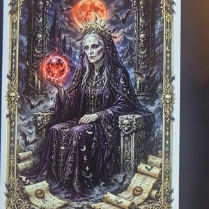 Puede incluir: Una carta de tarot rectangular titulada The High Priestess II que muestra a una figura anciana con una túnica morada oscura y una corona sosteniendo un orbe rojo brillante. La escena incluye pilares de piedra con calaveras, murciélagos y una luna roja.