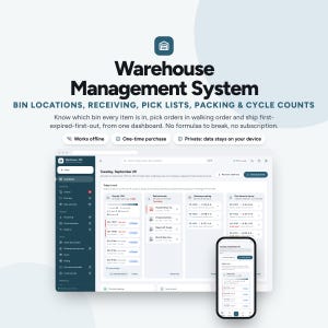 May include: A digital warehouse management system interface displayed on a desktop monitor and a smartphone. The screen shows a dashboard with bin locations, receiving, pick lists, packing, and cycle counts, featuring text labels and data tables.