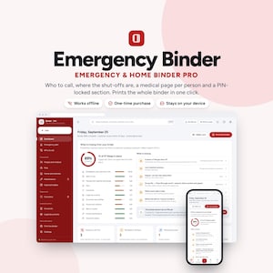 Puede incluir: Una interfaz digital de Emergency Binder y Home Binder Pro mostrada en una pantalla de ordenador y un smartphone. El panel muestra un círculo de progreso al 89 por ciento, listas de elementos faltantes y categorías para documentos.