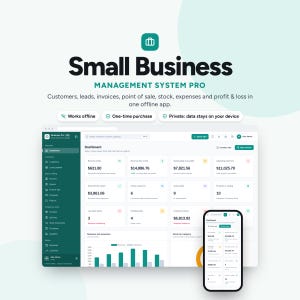 Może przedstawiać: Cyfrowy interfejs systemu Small Business Management System Pro, przedstawiający pulpit nawigacyjny z danymi finansowymi, informacjami o klientach i śledzeniem zapasów na monitorze komputera oraz ekranie telefonu z ciemnozielonym paskiem bocznym.