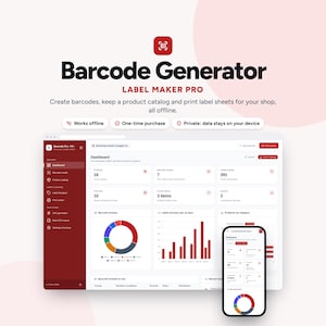 May include: A software interface for Barcode Generator Label Maker Pro displaying a dashboard with data analytics, charts, and a mobile phone view. The screen shows text including Barcode Generator, Label Maker Pro, and various metrics.