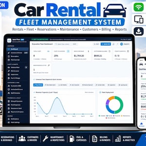 May include: A laptop and smartphone displaying the Car Rental Fleet Management System software interface. The screens show dashboards with fleet utilization, revenue, and maintenance data, alongside a sidebar menu listing vehicle fleet, reservations, and billing options.