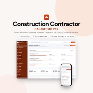 Pode incluir: Uma interface digital para o software Construction Contractor Management Pro, exibindo um painel com listas de projetos, dados financeiros e acompanhamento de trabalhos em um monitor de desktop e na tela de um celular.