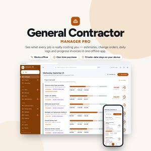 May include: General Contractor Manager Pro software interface displayed on a desktop monitor and a smartphone. The dashboard shows project cost boards, contract values, and progress bars. Text includes 'See what every job is really costing you'.