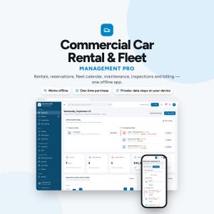 Op de afbeelding: Een digitale interface voor de Commercial Car Rental & Fleet Management Pro software, met een dashboard met verhuur-, reserverings- en onderhoudsgegevens op een desktopmonitor en een mobiele telefoon, uitgevoerd in blauwe en witte tinten.