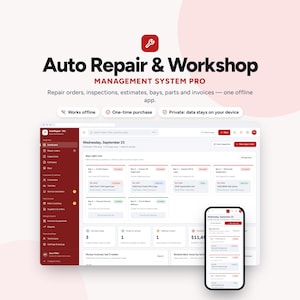 以下が含まれることがあります： Auto Repair & Workshop Management System Proのデジタルインターフェース。デスクトップブラウザと携帯電話の画面上に、修理注文、点検、作業ベイのステータスを表示するダッシュボードが表示されています。ダークレッドと白の配色が特徴です。