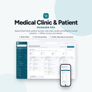 Peut inclure: Interface du logiciel Medical Clinic & Patient MANAGER PRO affichée sur un écran d'ordinateur et un smartphone. Le tableau de bord comprend la planification des rendez-vous, les dossiers patients et la facturation avec une barre latérale bleu sarcelle.