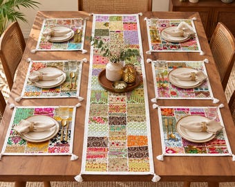 Indiskt lapptäcke bordslöpare set, 7 delar bohemisk bordsdekoration, pastellfärgade blommiga bordsunderlägg, krämfärgade etniska matbordslinnen