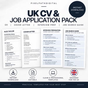 May include: A digital job application pack featuring templates for a CV, cover letter, interview preparation, and job search guide. The documents include sections for professional profiles, skills, work experience, and education, with a dark blue theme.