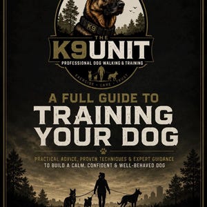 Peut inclure: Une affiche noire intitulée The K9 Unit A Full Guide To Training Your Dog. Elle présente une illustration de berger allemand, la silhouette d'une personne promenant trois chiens et du texte sur le dressage et les soins canins.
