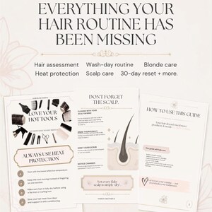 Peut inclure: Un guide de soins capillaires numérique de trois pages intitulé Everything Your Hair Routine Has Been Missing. Il comprend des sections sur la protection thermique, le soin du cuir chevelu et le soin des cheveux blonds, avec des illustrations.
