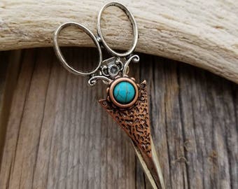Poetic Spirit Hair Stylist Copper Triangle Hair or Apron Clip / Cosmetologist Jewelry / Hair Stylist Jewelry / Silver Scissor Charm Jewelry