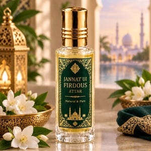 May include: A clear glass roll-on perfume bottle with a gold cap. The label is dark green with gold filigree borders, featuring the text "JANNAT UI FIRDOUS ATTAR" and "Natural & Pure" above a gold illustration of a mosque and palm trees.