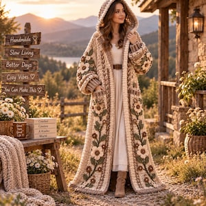 May include: A long, beige, hooded crochet cardigan featuring intricate floral appliques in shades of cream, brown, and green. The garment has long sleeves, ribbed cuffs, and two large front pockets, worn over a simple, light-colored dress.