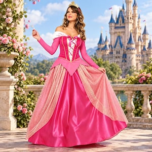 May include: A floor-length off-the-shoulder gown featuring a vibrant pink satin skirt with a shimmering light pink tulle overlay. The bodice is pink with a white lace-up front panel, long sleeves, and a gold-toned crown accessory on the head.