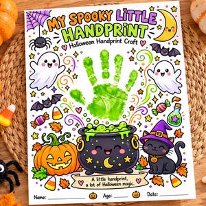 May include: A white paper sheet titled MY SPOOKY LITTLE HANDPRINT with a green handprint in the center. The design features a black cauldron, a black cat in a purple hat, ghosts, a pumpkin, and text reading A little handprint, a lot of Halloween magic.