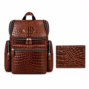 May include: A brown backpack with a textured crocodile skin pattern, featuring a top handle, multiple zippered compartments with silver hardware, and side pockets, accompanied by a matching rectangular wallet with the same embossed texture.