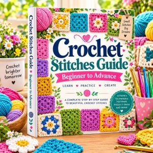 以下が含まれることがあります： 「Crochet Stitches Guide: Beginner to Advance」というタイトルのハードカバー本。表紙にはカラフルなクロッシェモチーフが描かれ、周囲には毛糸玉、かぎ針、Small Stitches Big Dreamsと書かれた小さなタグが添えられています。