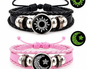 Sun and Moon Leather Bracelets, Matching Couples Set, Adjustable Fit, Braided Black and Pink Design