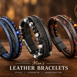 May include: Three multi-strand bracelets featuring leather cords, braided textures, and round beads in blue, black, white, and brown. Each bracelet includes a matte black magnetic clasp. The text LeatherArts and LEATHER BRACELETS is visible.