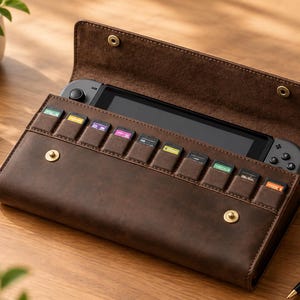 May include: A dark brown leather carrying case for a handheld gaming console, featuring a flap with two gold-toned metal snap buttons and a row of ten small interior slots designed to hold individual game cartridges securely.