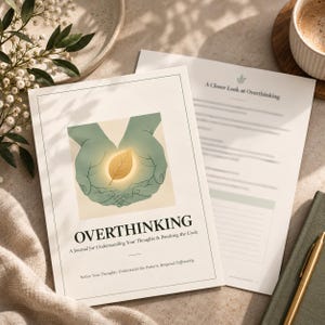 May include: A journal titled OVERTHINKING: A Journal for Understanding Your Thoughts & Breaking the Cycle. The cover features an illustration of two green hands cupping a glowing golden leaf. Below the title is the text: Notice Your Thoughts.