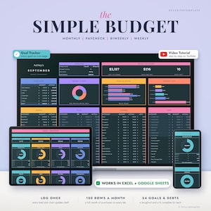 May include: A digital budget spreadsheet template titled The Simple Budget, displayed on a computer monitor, tablet, and smartphone. The interface features dark backgrounds with colorful charts, tables, and goal trackers for monthly financial planning.