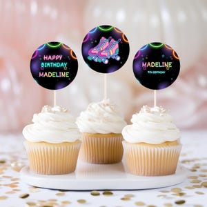 Editable Skate Party Birthday Cake Topper Roller Skating, girl, boy, Retro Neon Lights Birthday Cupcake Topper 1166