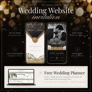 May include: An editable Canva wedding website invitation template featuring two smartphone screens displaying a black and gold design with a wax seal, floral accents, and couple photos. Includes a laptop screen showing a free wedding planner.