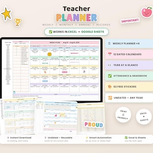 Puede incluir: Un planificador digital para docentes mostrado en una pantalla, con diseños semanales, mensuales y anuales compatibles con Excel y Google Sheets. La interfaz incluye pestañas coloridas, calendarios fechados, registros de asistencia y calificaciones, además de varios adhesivos decorativos como estrellas, flores y bombillas.