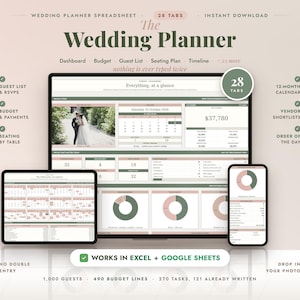 May include: A digital wedding planner spreadsheet displayed on a computer monitor, tablet, and smartphone. The interface features 28 tabs, a dashboard, budget tracker, guest list, seating plan, and timeline, with text including The Wedding Planner.