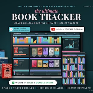 May include: A digital book tracker template displayed on a laptop and tablet screen, featuring a dashboard with colourful book spine graphics, reading progress charts, and a cover gallery. Text includes "THE ULTIMATE BOOK TRACKER" and "WORKS IN EXCEL + GOOGLE SHEETS".