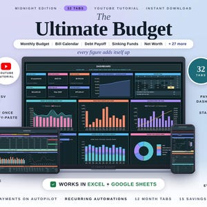 May include: A digital budget spreadsheet template titled The Ultimate Budget, featuring a dark-themed dashboard with colorful charts, graphs, and financial tracking modules displayed on a computer monitor, a tablet, and a smartphone screen.