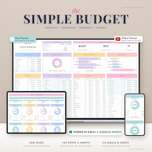 May include: A digital budget planner template titled The Simple Budget, displayed on a laptop, tablet, and smartphone screen. The interface features tables, charts, and financial data trackers in pastel colours, with text labels for monthly, paycheck, biweekly, and weekly tracking. It includes a goal tracker and video tutorial link, with a note that it works in Excel and Google Sheets.