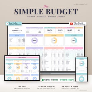 Puede incluir: Una plantilla de planificador de presupuesto digital titulada The Simple Budget, mostrada en un monitor de computadora, tableta y teléfono inteligente. La interfaz presenta gráficos coloridos, diagramas circulares y tablas para el seguimiento.