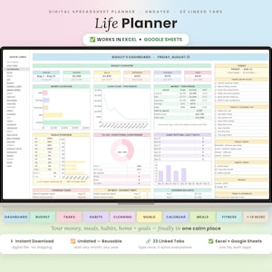 Może przedstawiać: Cyfrowy planer w arkuszu kalkulacyjnym dla Excel i Google Sheets z interfejsem pulpitu nawigacyjnego zawierającym sekcje budżetu, przepływów pieniężnych, celów, list zadań i śledzenia nawyków. Układ zawiera 23 połączone karty, pastelowe nagłówki i etykiety tekstowe do organizacji.