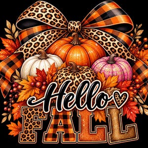 Può includere: Un design grafico con zucche, foglie autunnali e bacche sotto un grande fiocco con stampa leopardata e motivo a quadri arancione. Il testo Hello FALL è visualizzato in grassetto con motivi leopardati e a quadri, con una piccola icona a cuore.