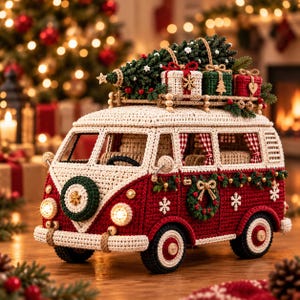 May include: A crocheted red and white van decorated for Christmas, featuring a roof rack carrying a green tree and three small gift boxes. The van has a spare tire on the front, illuminated headlights, a wreath on the side, and snowflake accents.