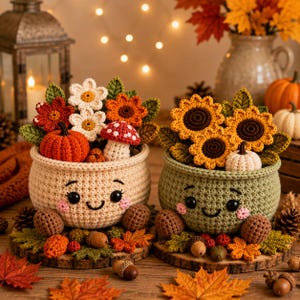 May include: Two crocheted pots with smiling faces, one cream and one sage green. The cream pot holds a red pumpkin, a red and white mushroom, and white flowers. The green pot holds yellow sunflowers and a small white pumpkin, all with leaves.