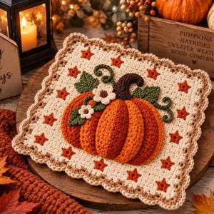 May include: A square crochet potholder featuring a central orange pumpkin with green leaves and small white flowers. The cream-colored background is decorated with a pattern of small orange stars, and the edges are finished with a scalloped border.