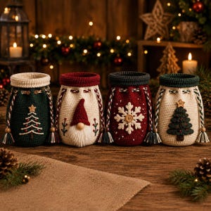 May include: Four cylindrical crochet pouches featuring holiday designs. The first is dark green with a white tree, the second is cream with a gnome, the third is deep red with a white snowflake, and the fourth is cream with a dark green tree.
