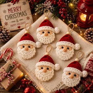 May include: Five handmade crochet Santa Claus ornaments featuring red hats with white brims and pom-poms, beige faces, black bead eyes, and textured white beards. Each ornament includes a tan hanging loop with a wooden bead for display.