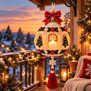 May include: A crocheted cream-colored spherical lantern ornament featuring green pine tree motifs, red holly berries, and white snowflake cutouts. It is topped with a large red bow and a small gold bell, and finished with a long red tassel at the bottom.