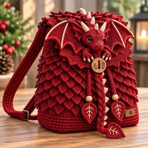 Könnte beinhalten: Ein tiefroter Häkelrucksack mit einem dreidimensionalen Drachenmotiv auf der Klappe. Die Tasche ist mit strukturierten, schuppenartigen Maschen bedeckt und verfügt über einen Holzknopfverschluss, blattförmige Anhänger und ein kleines Etikett.