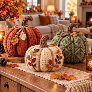May include: Three handcrafted crochet pumpkins in orange, cream, and sage green. The orange pumpkin features a twine bow with wooden beads and crochet leaves. The cream pumpkin has embroidered leaf vines, and the sage green pumpkin has a textured diamond pattern.