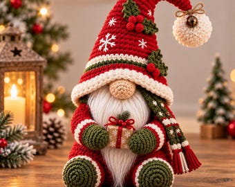 May include: A crocheted gnome figurine wearing a tall red hat with white snowflake patterns, green holly leaves, and red berries. The gnome has a long white beard, green mittens, and boots, and holds a small gift box. A white pom-pom with a bell hangs from the hat.